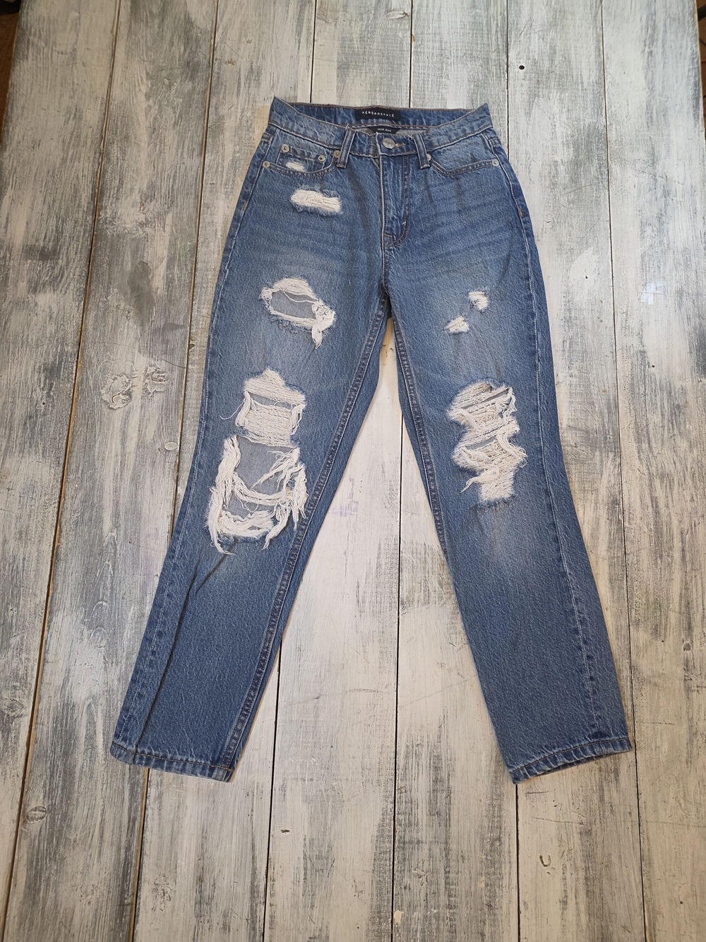 Aeropostale Mom Jean Distressed High-Rise Medium Blue Jeans sz 000